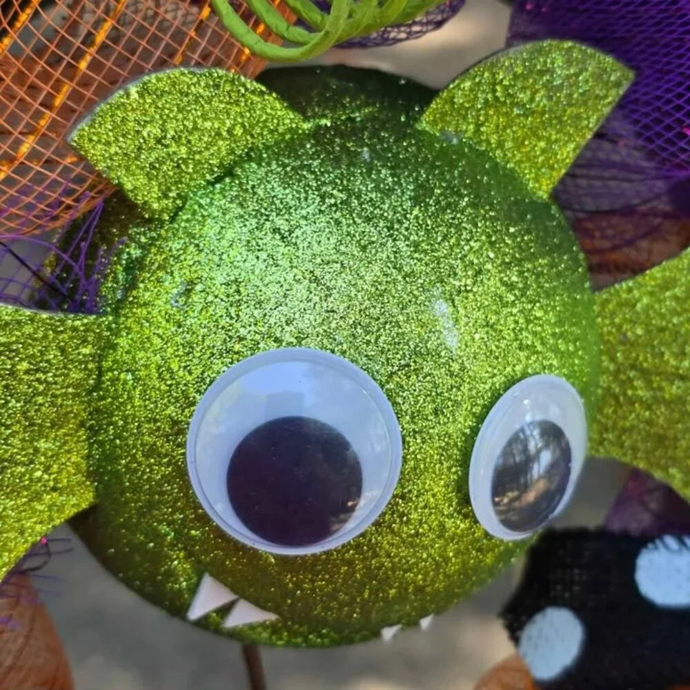 Colorful Googly Eye Green Glitter Bat Black Bow Wreath Halloween Decoration